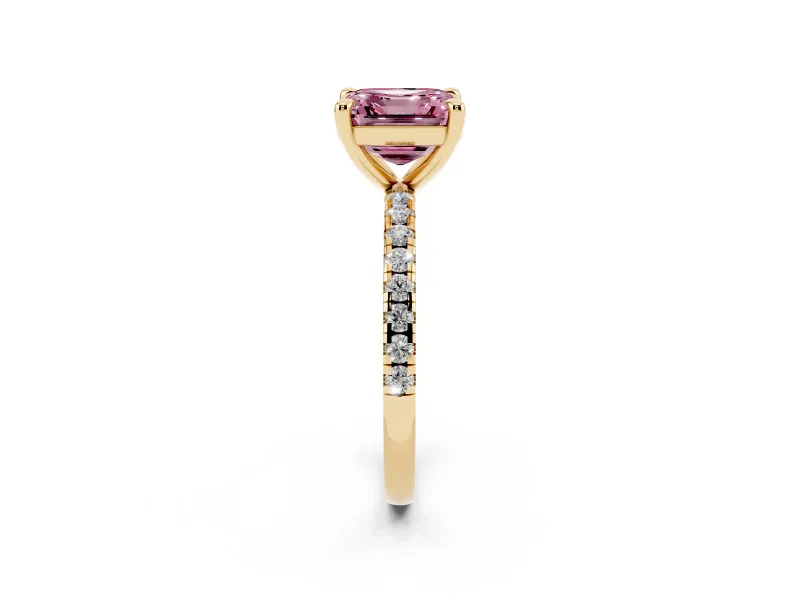 Fancy Pink Asscher Cut Diamond Brilliant Solitaire Ring Set in Yellow gold with Pavé Band and Prong Setting