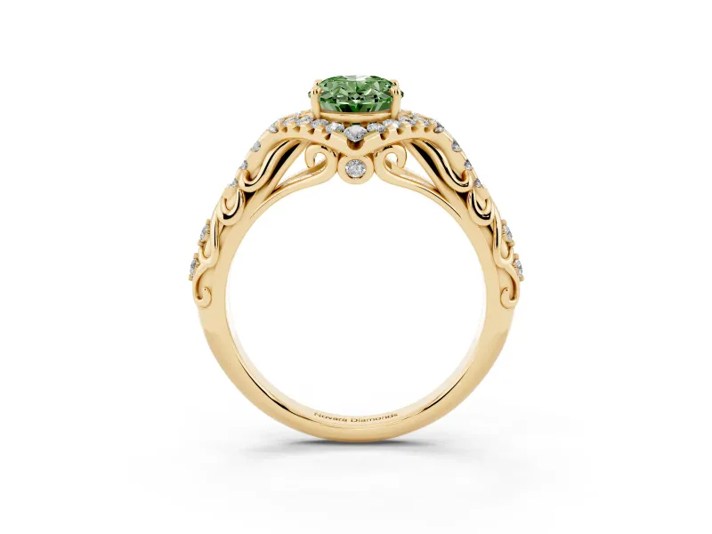 Oval Hidden Halo Filigree Engagement Ring Setting for a Fancy Green Lab-Grown Diamond | Yellow Gold