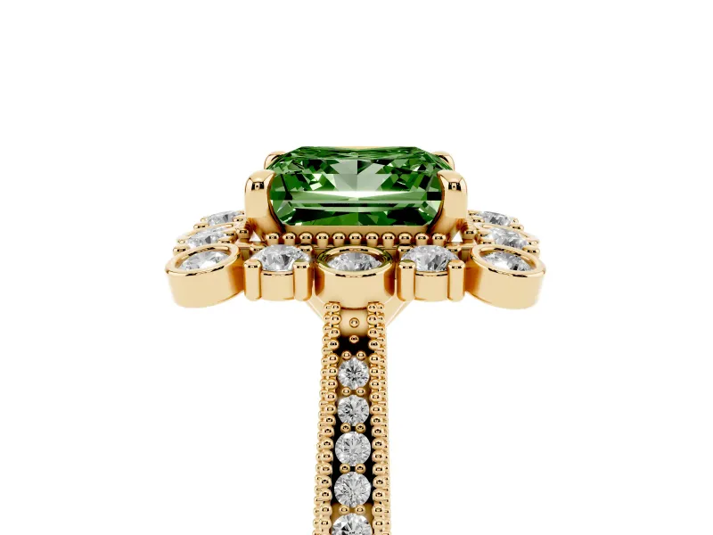 Princess Cut Scalloped Halo Engagement Ring Setting for a Fancy Green Lab-Grown Diamond | Milgrain Edges | Yellow Gold