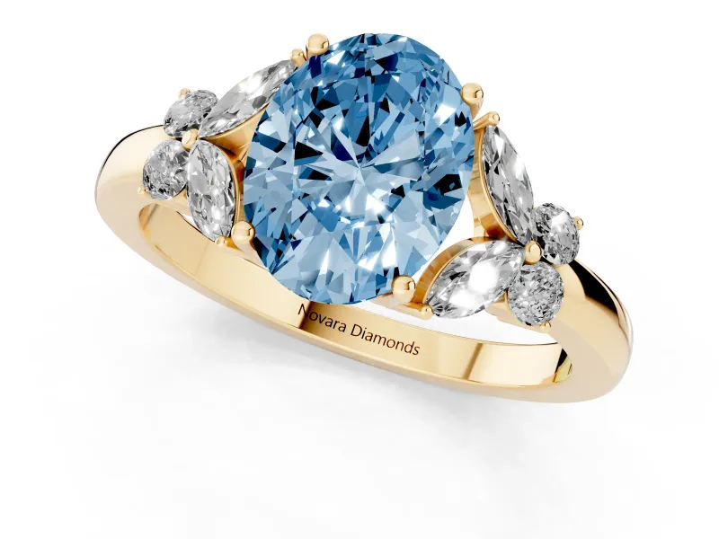 Fancy Blue Oval Cut Diamond Solitaire Floral Ring Set in Yellow gold with Marquise Petals and Prong Setting