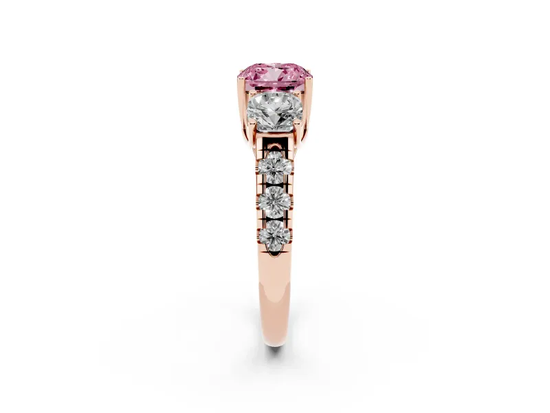 Fancy Pink Cushion Cut Diamond Three-Stone Ring Set in Rose gold with Pavé Band