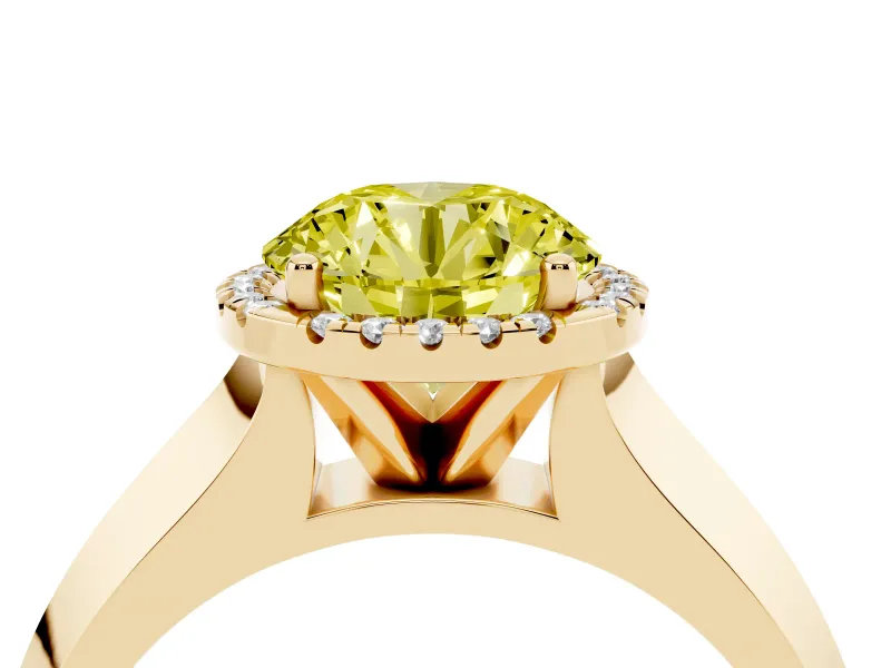 Fancy Yellow Round Cut Diamond Halo Ring Set in Yellow gold with Cathedral Band and Prong Setting