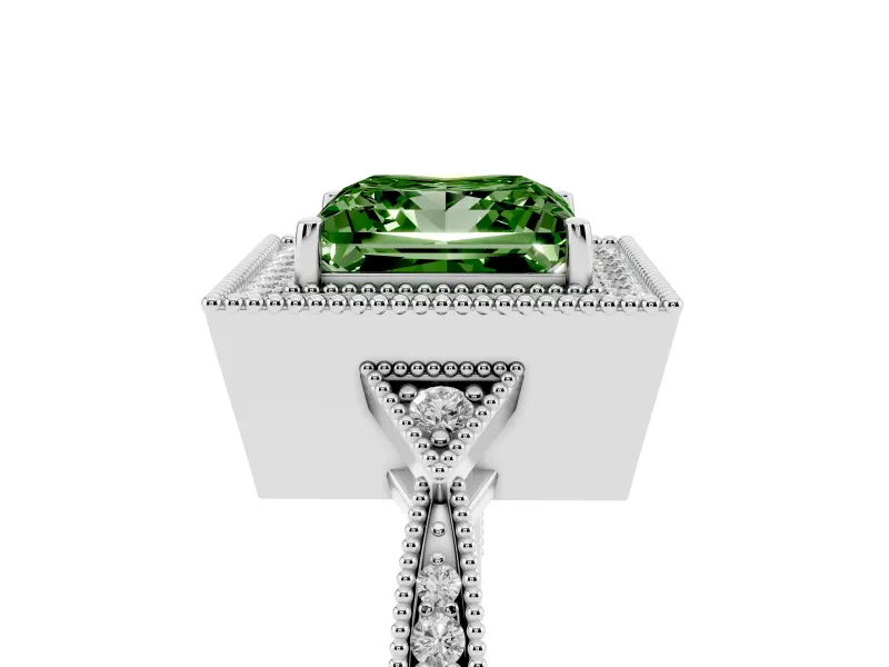 Fancy Green Princess Cut Diamond Halo Engagement Ring Set in Platinum with Milgrain Pavé Band