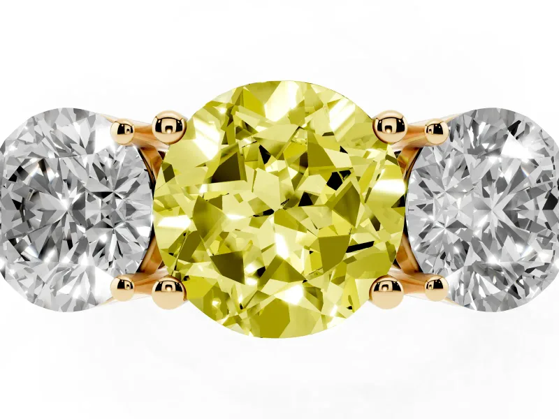 Round Three Stone Engagement Ring Setting for a Fancy Yellow Lab-Grown Diamond | Large Round Side Stones | Yellow Gold