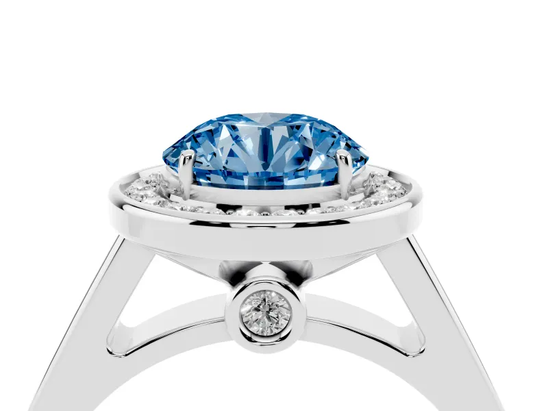 Fancy Blue Round Cut Diamond Halo Solitaire Ring Set in Platinum with Pavé Band and Bezel Setting