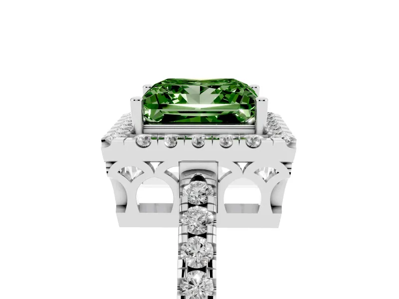 Fancy Green Princess Cut Diamond Pavé Band Halo Engagement Ring Set in Silver with Prong Setting