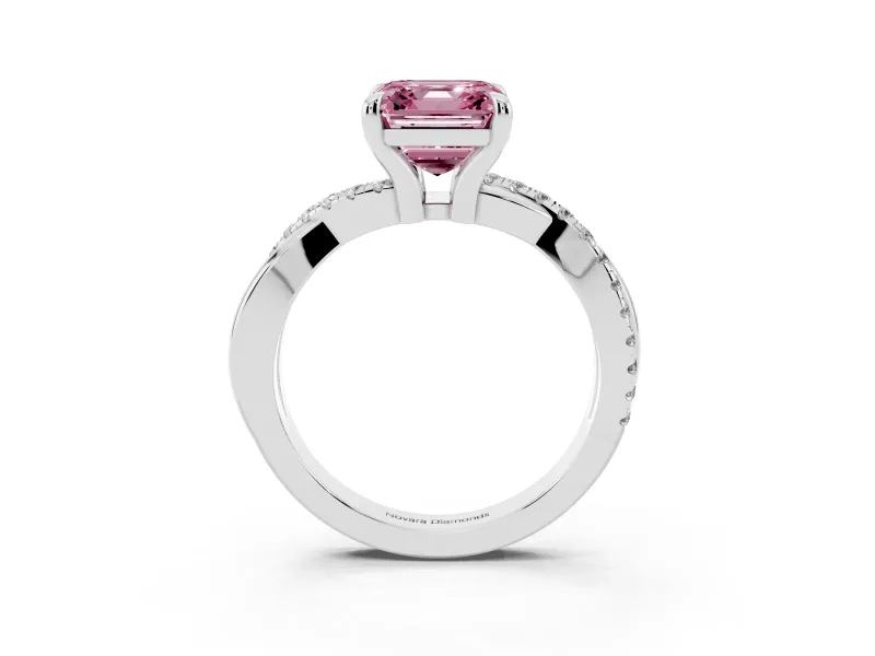 Fancy Pink Asscher Cut Diamond Twist Band Solitaire Set in Platinum with Pavé Accents and Prong Setting