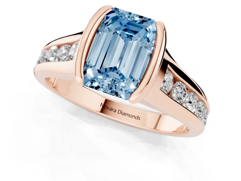 Emerald Cut Half Bezel Engagement Ring Setting for a Fancy Blue Lab-Grown Diamond | Rose Gold