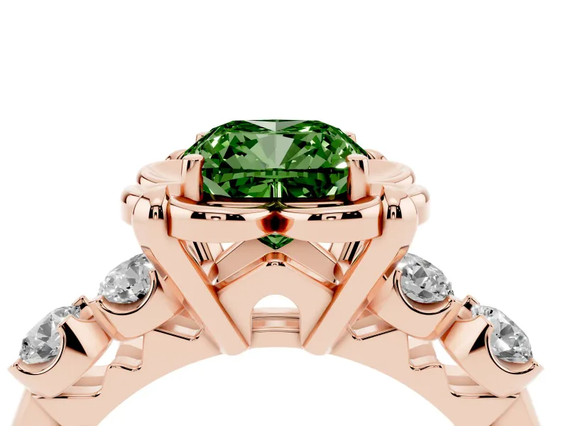 Cushion Cut Floral Engagement Ring Setting for a Fancy Green Lab-Grown Diamond | Petal Frame and Side Stones | Rose Gold