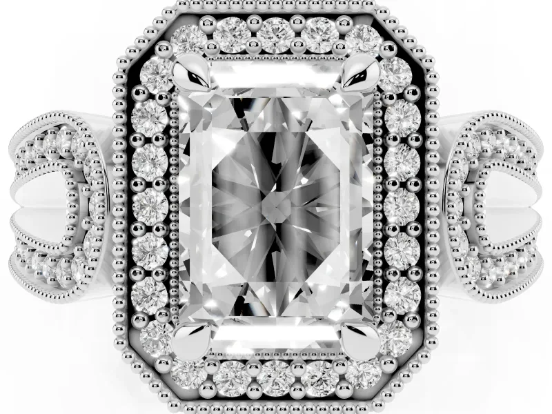 Emerald Cut Milgrain Halo Engagement Ring Setting | Open Loop Shoulders | Sterling Silver