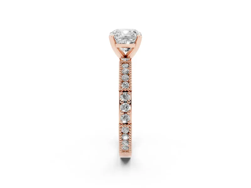 Cushion Cut Diamond Solitaire Ring Set in Rose gold with Slim Pavé Band and Prong Setting