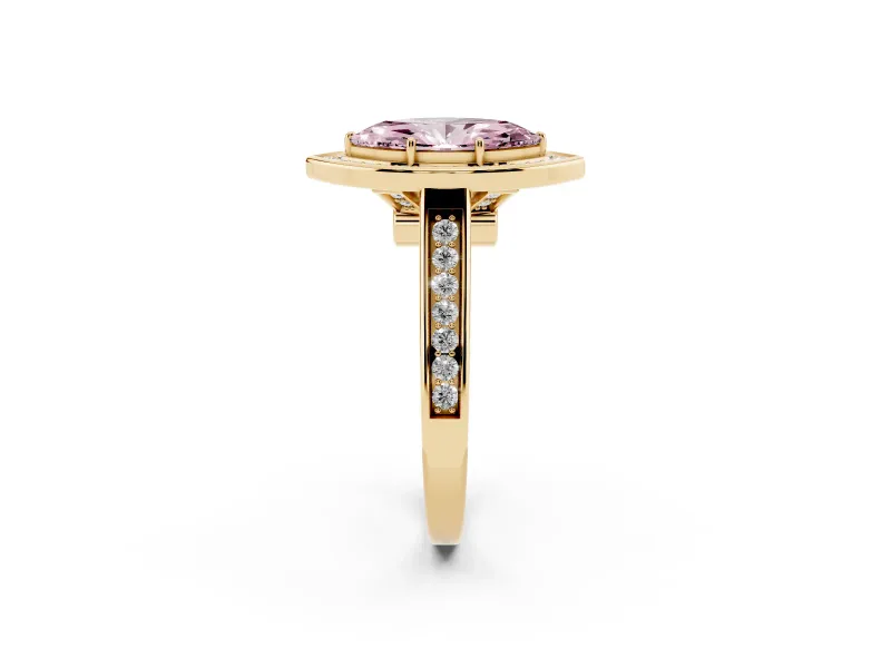 Fancy Pink Marquise Cut Diamond Halo Solitaire Ring Set in Yellow gold with Pavé Band and Bezel Setting
