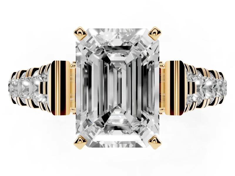 Emerald Cut Diamond Classic Solitaire Ring Set in Yellow gold with Pavé Band and Prong Setting