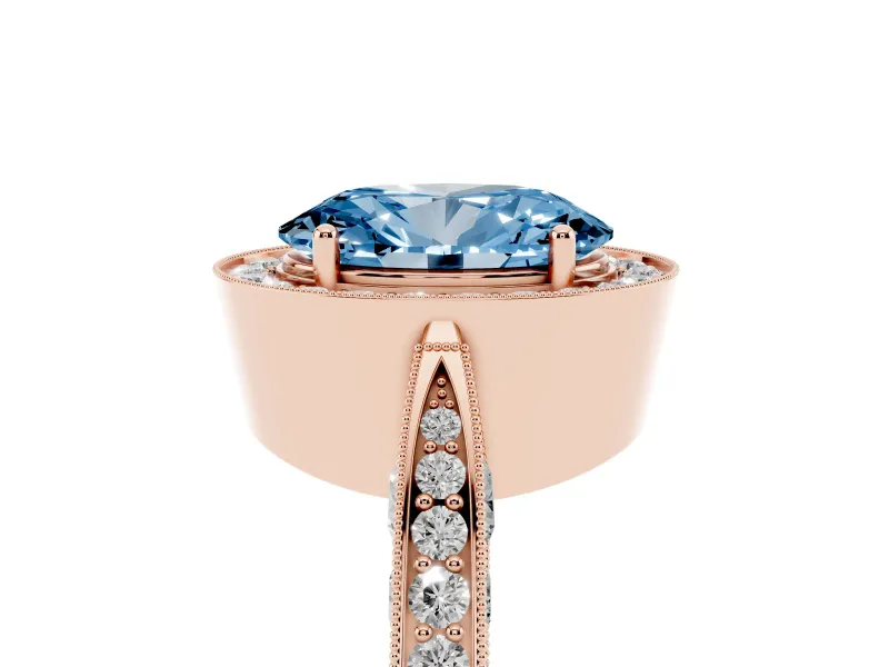 Fancy Blue Oval Cut Diamond Halo Engagement Ring Set in Rose gold with Accent Split Shank Band