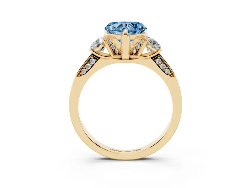 Heart-Shaped Hidden Halo Three Stone Engagement Ring Setting for a Fancy Blue Lab-Grown Diamond | Yellow Gold