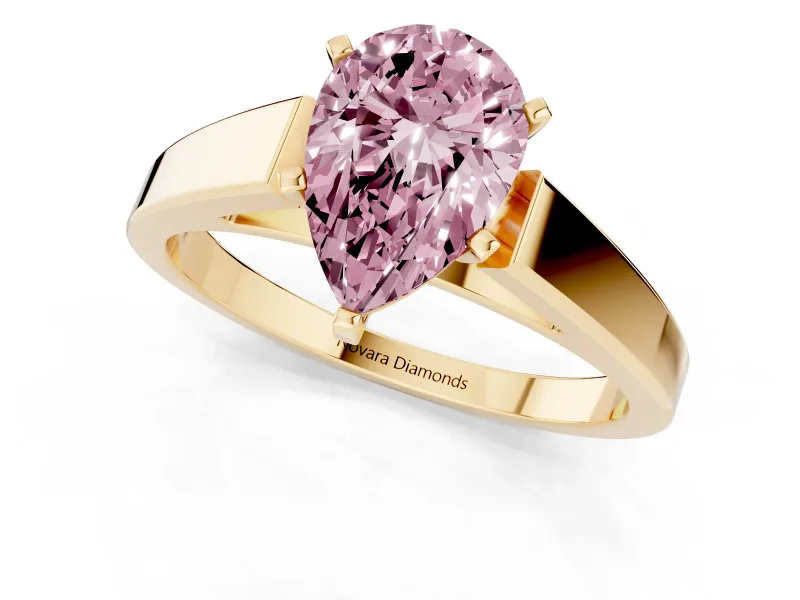 Fancy Pink Pear Cut Diamond Solitaire Engagement Ring Set in Yellow gold with Prong Setting and Tapered Band