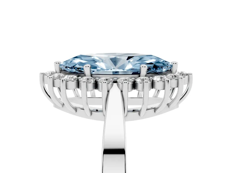 Fancy Blue Marquise Cut Diamond Halo Ring Set in Silver with Round Halo and Smooth Solitaire Band