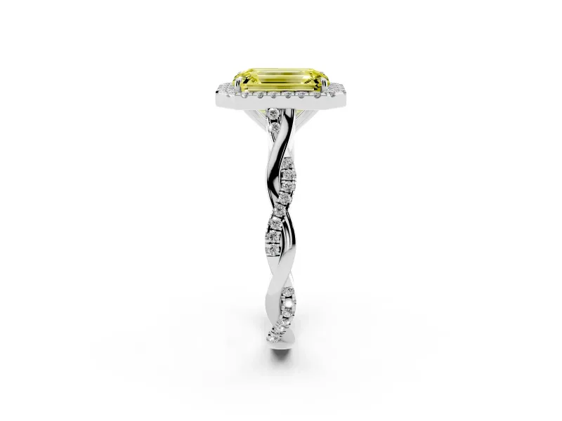 Emerald Cut Twist Halo Engagement Ring Setting for a Fancy Yellow Lab-Grown Diamond | White Gold