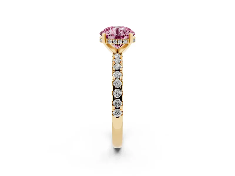 Round Hidden Halo Solitaire Engagement Ring Setting for a Fancy Pink Lab-Grown Diamond | Pave Band | Yellow Gold
