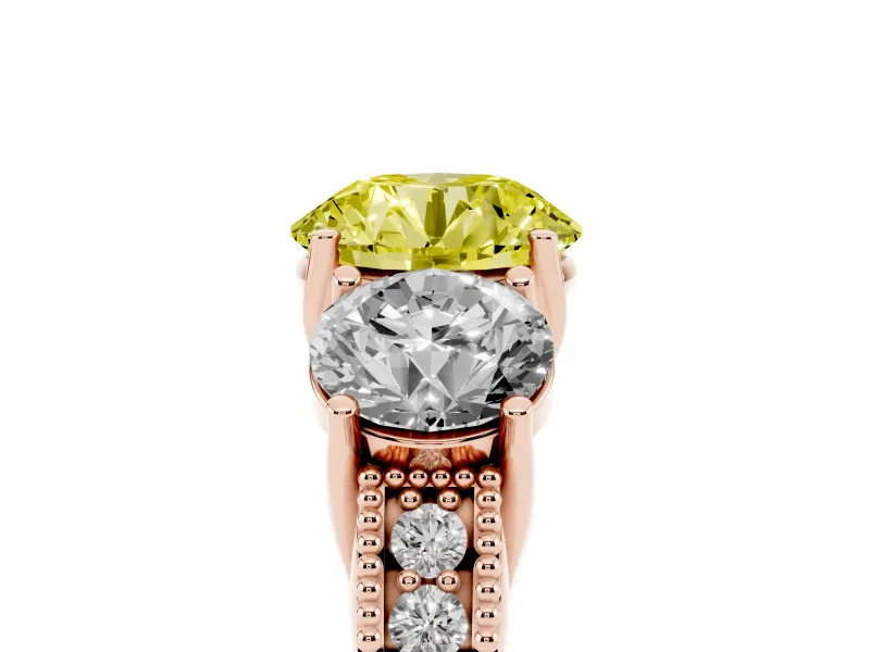 Round Vintage Three Stone Engagement Ring Setting for a Fancy Yellow Lab-Grown Diamond | Rose Gold