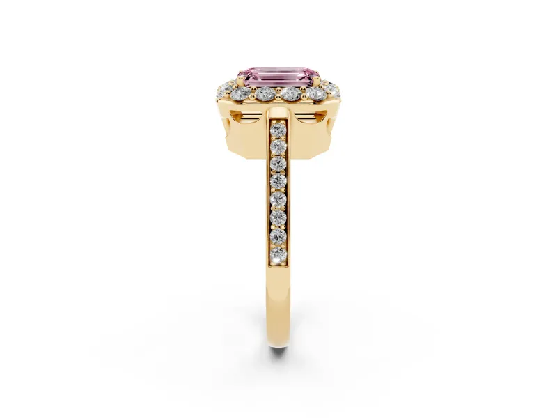 Fancy Pink Emerald Cut Diamond Floral Halo Ring Set in Yellow gold with Pavé Band and Prong Setting