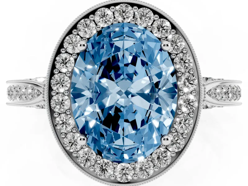 Oval Milgrain Halo Engagement Ring Setting for a Fancy Blue Lab-Grown Diamond | Side Stones | Sterling Silver