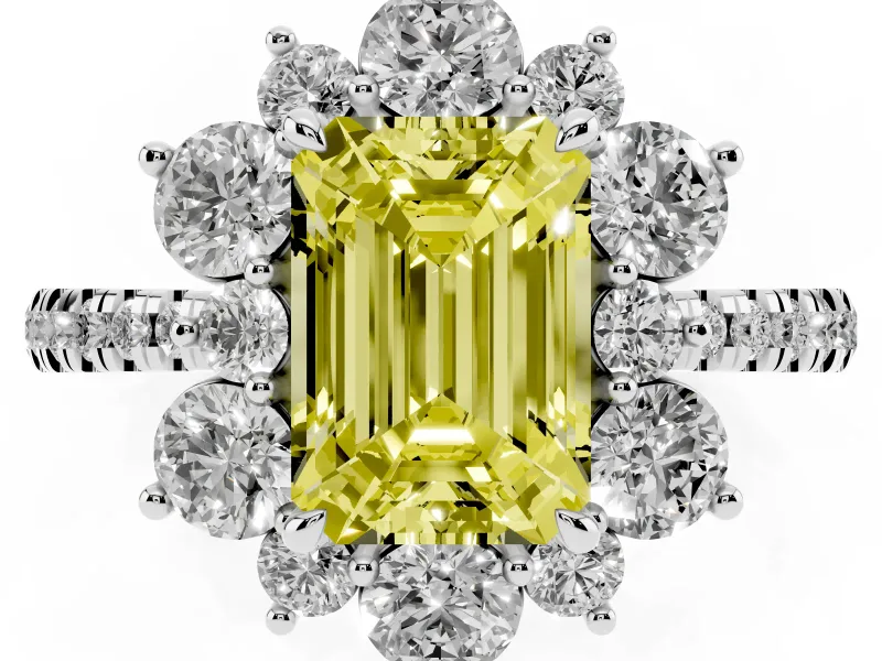 Fancy Yellow Emerald Cut Diamond Floral Halo Ring Set in Platinum with Round Pavé Band and Prong Setting