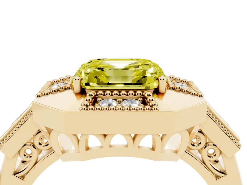 Asscher Cut Milgrain Sectioned Halo Engagement Ring Setting for a Fancy Yellow Lab-Grown Diamond | Yellow Gold