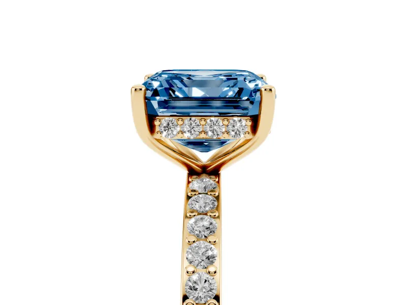 Fancy Blue Asscher Cut Diamond Pavé Band Ring Set in Yellow gold with Prong-Set Center Stone