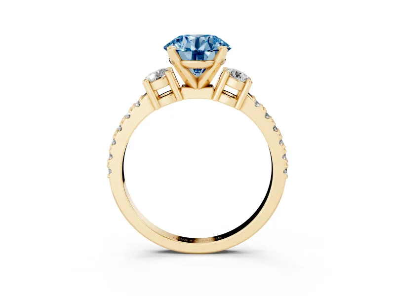 Round Three Stone Pavé Engagement Ring Setting for a Fancy Blue Lab-Grown Diamond | Round Side Stones | Yellow Gold