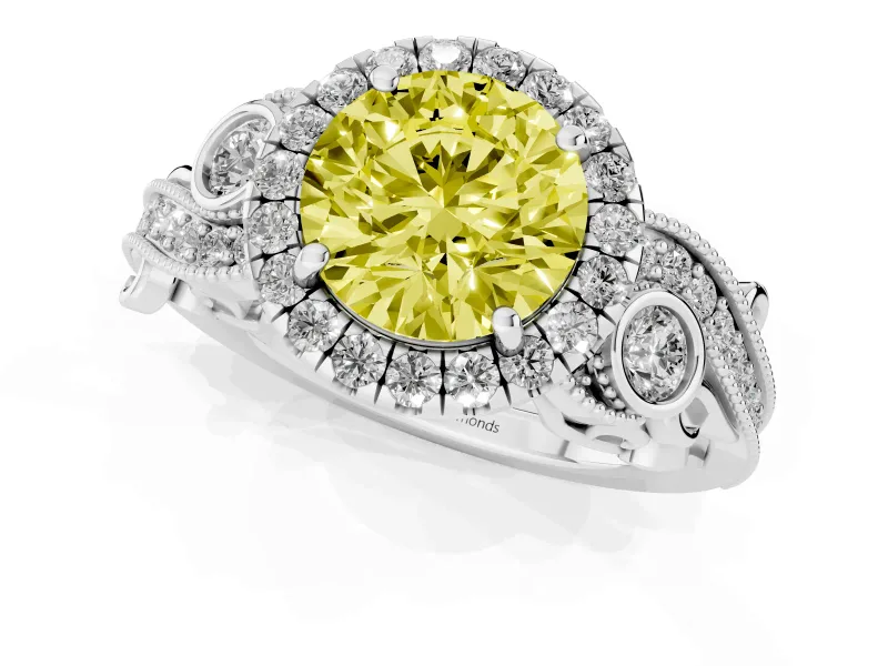 Round Vintage Halo Engagement Ring Setting for a Fancy Yellow Lab-Grown Diamond | Platinum