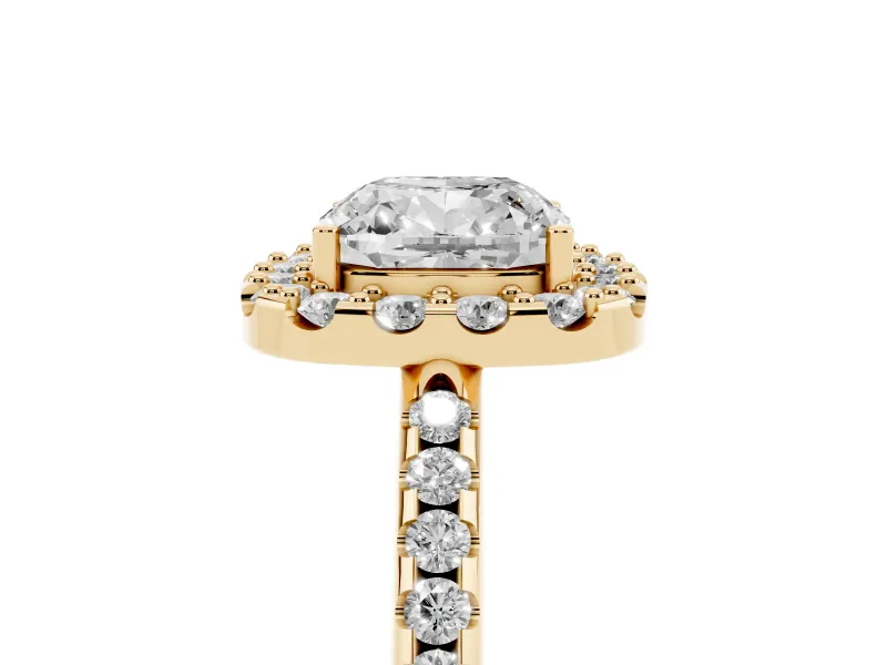 Cushion Cut Pave Halo Engagement Ring Setting | Pave Band | Yellow Gold