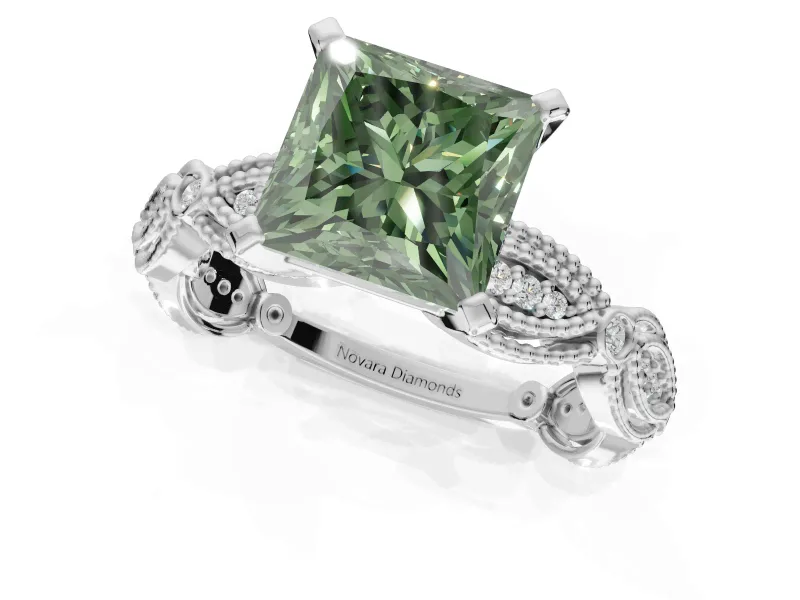 Princess Cut Vintage Engagement Ring Setting for a Fancy Green Lab-Grown Diamond | Graduated Stations | Platinum