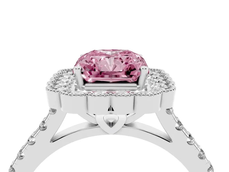 Fancy Pink Radiant Cut Diamond Milgrain Floral Halo Engagement Ring Set in White gold with Pavé Band