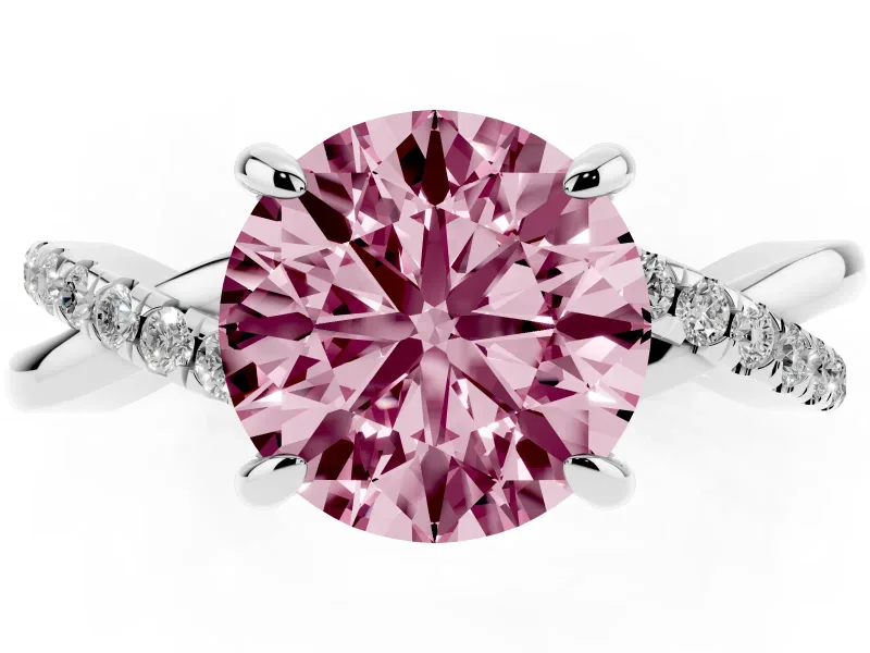 Fancy Pink Round Cut Diamond Twist Band Solitaire Set in White gold with Pavé Accents and Prong Setting