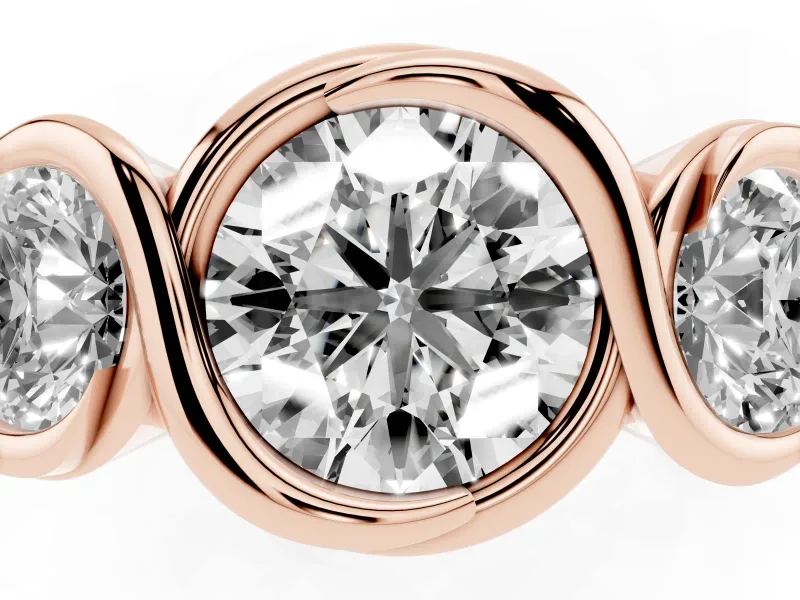 Round Bezel Three Stone Engagement Ring Setting | S-Curve Wave | Rose Gold