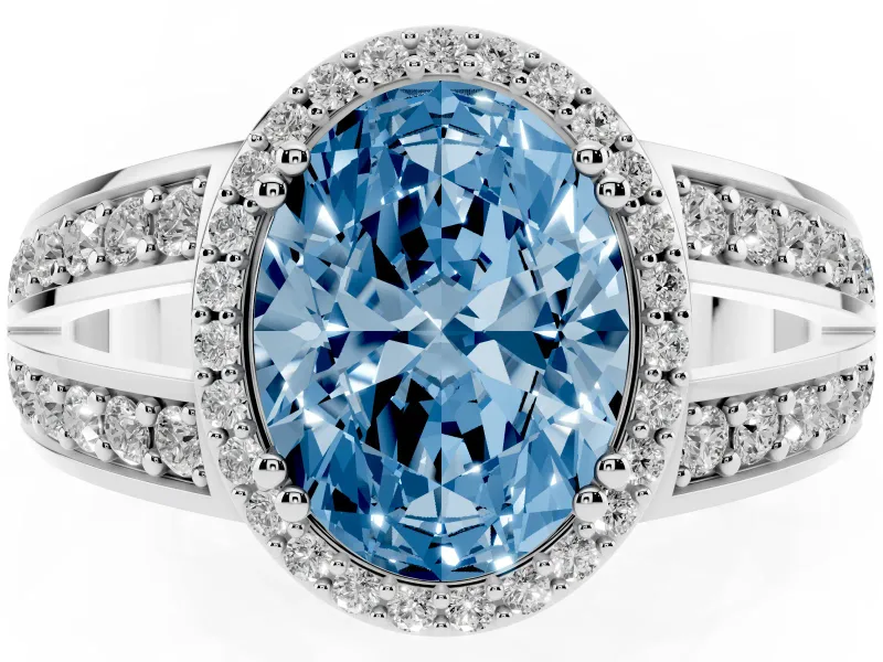 Fancy Blue Oval Cut Diamond Halo Ring Set in Platinum with Double Pavé Split Shank