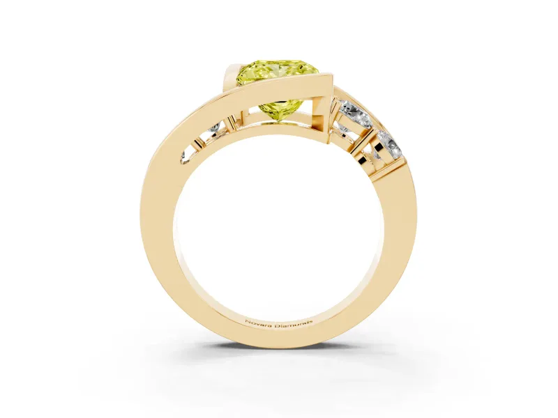 Fancy Yellow Princess Cut Diamond Bezel Bypass Ring Set in Yellow gold with Round Accents