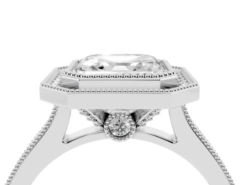 Asscher Cut Vintage Milgrain Halo Engagement Ring Setting | Bezel Head | Platinum