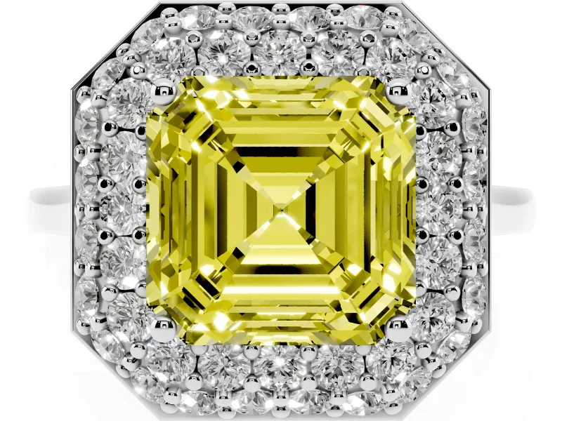 Fancy Yellow Asscher Cut Diamond Halo Engagement Ring Set in Silver with Solitaire Band and Prong Setting