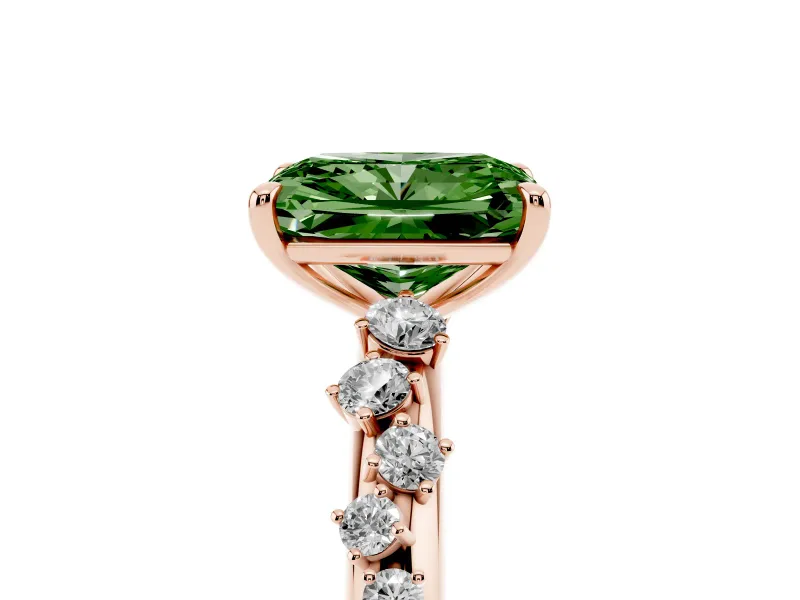 Fancy Green Radiant Cut Diamond Cluster Solitaire Ring Set in Rose gold with Prong Setting