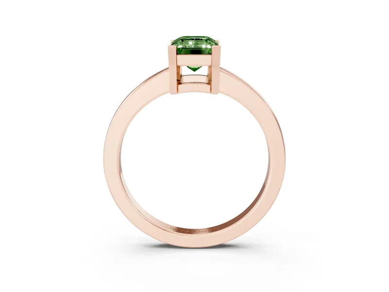Fancy Green Emerald Cut Diamond Solitaire Ring Set in Rose gold with Prong Head and Smooth Polished Band