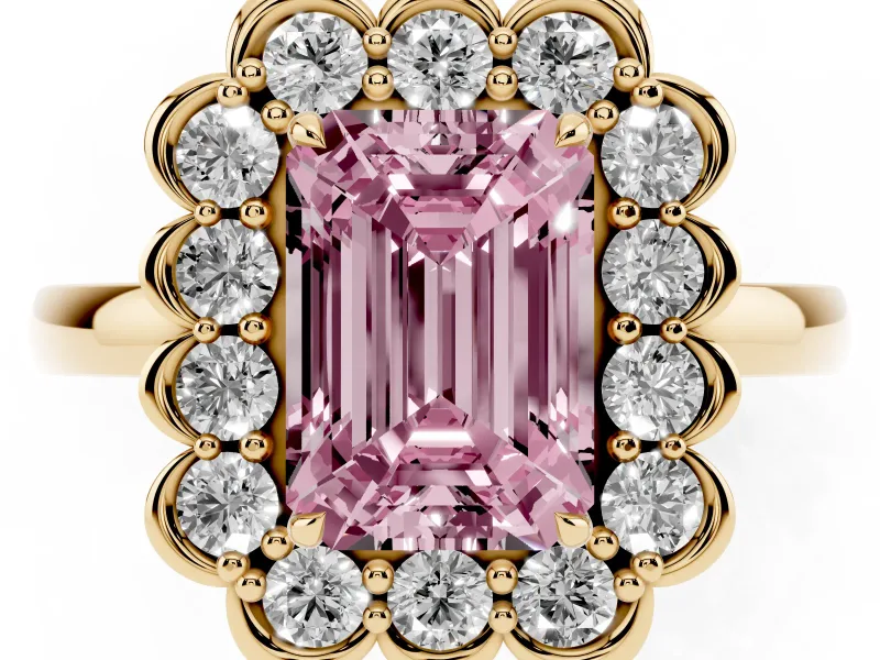 Emerald Cut Scalloped Cluster Halo Engagement Ring Setting for a Fancy Pink Lab-Grown Diamond | Plain Band | Yellow Gold