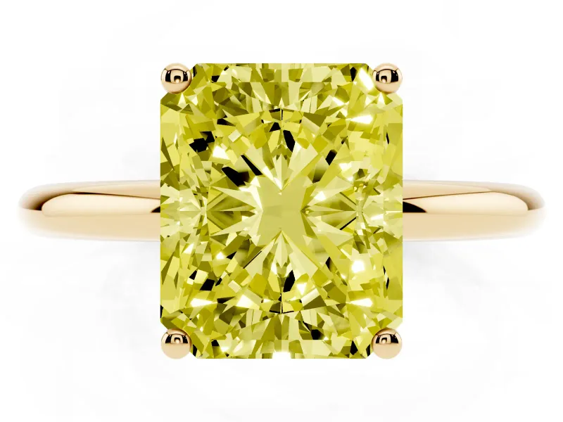 Fancy Yellow Radiant Cut Diamond Solitaire Engagement Ring Set in Yellow gold with Prong Setting and Polished Band