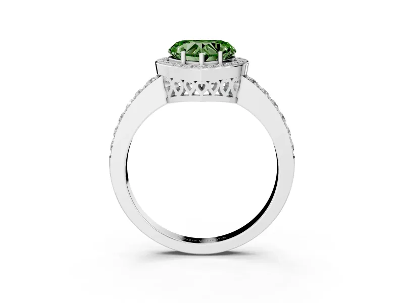 Fancy Green Heart Cut Diamond Halo Ring Set in White gold with Pavé-Setting Band and Open Prong Center