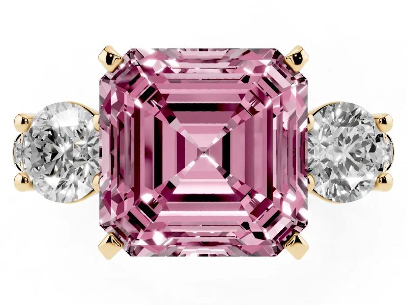 Fancy Pink Three-Stone Asscher Cut Diamond Pavé Band Ring Set in Yellow gold with Prong-Set Trio