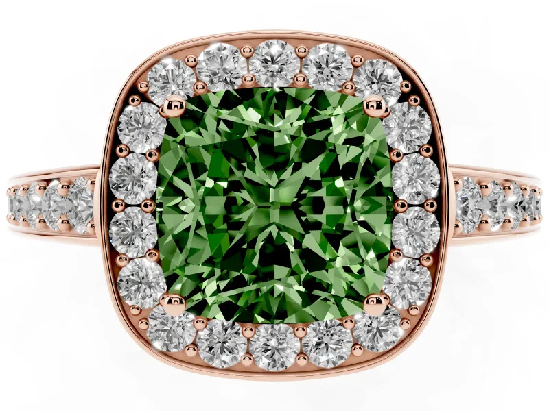 Fancy Green Cushion Cut Diamond Halo Pavé Engagement Ring Set in Rose gold with Bezel Setting