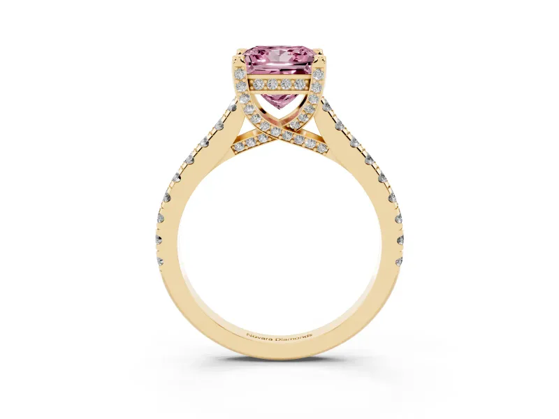 Princess Cut Hidden Halo Pave Engagement Ring Setting for a Fancy Pink Lab-Grown Diamond | Claw Prongs | Yellow Gold