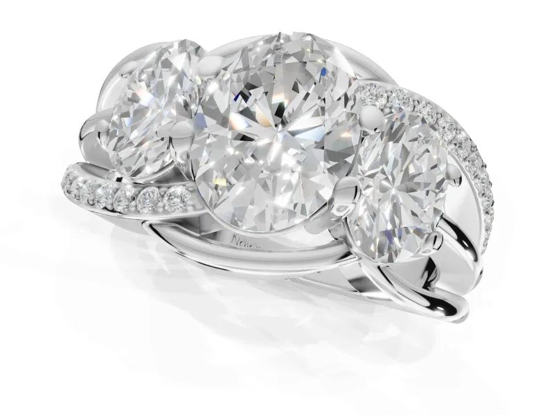 Oval Three Stone Split Shank Engagement Ring Setting | Matching Sides | Sterling Silver