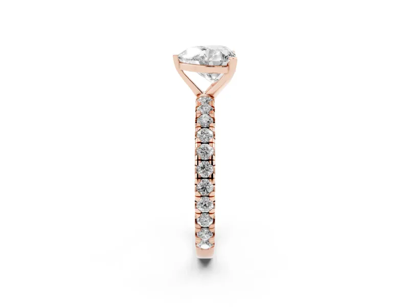 Heart Cut Diamond Pavé Solitaire Ring Set in Rose gold with Round Band and Prong Setting